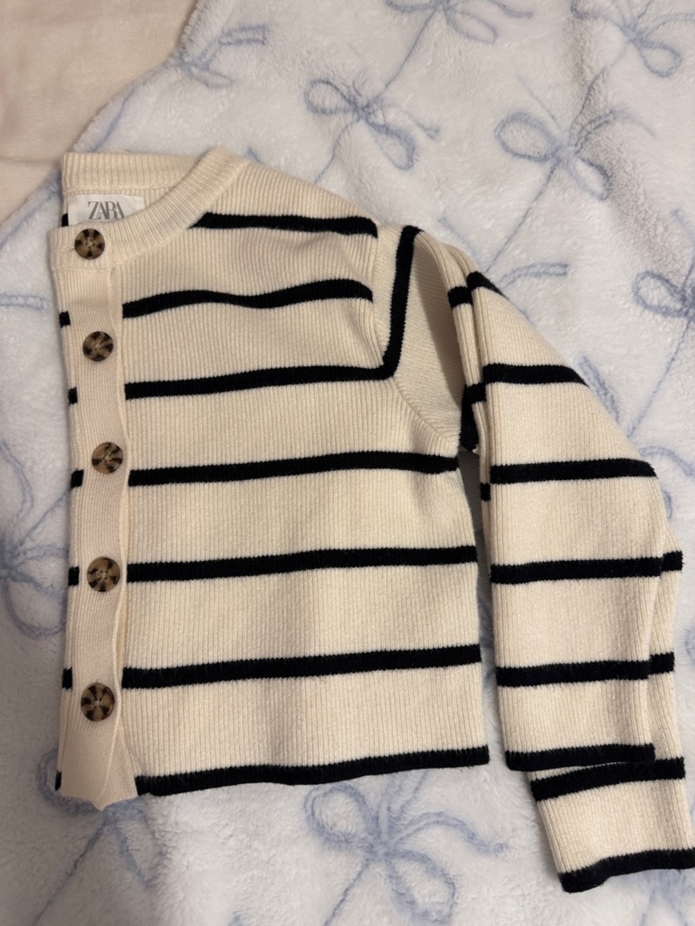 Zara Cream Cardigan with Black Stripes and Tortoiseshell Buttons